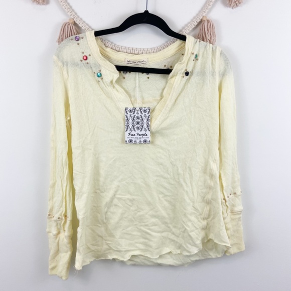 Free People Wild Ride Beaded Henley In Egg Shell - Picture 2 of 8